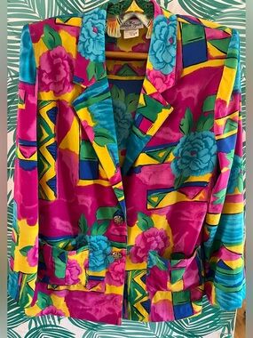 Vintage 80’s blazer by Robbie Sport abstract floral in bright pink, yellow, blue